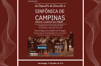 Cartaz em fundo vinho escuro anuncia a exposição com nome, data, horário e local. Na parte inferior, aparecem os logotipos dos realizadores e foto da orquestra