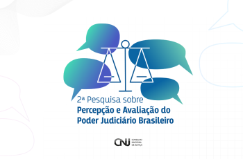 quadro branco com balões em azul, a balança da justiça no centro e os dizeres: 2ª Pesquisa sobre Percepção e Avaliação do Poder Judiciário Brasileiro 