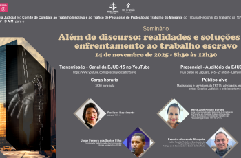 quadro cinza com uma imagem de mão e corrente à esquerda, e os detalhes do evento com pequenas fotos dos palestrantes à direita