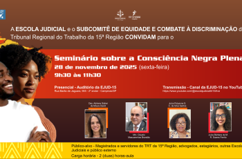 quadro marrom, vermelho e amarelo com imagens de um casal de negros, as fotos dos palestrantes, e dados sobre o evento