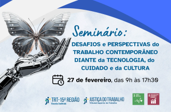 banner de fundo cinza com grafismo em azul, uma mão robótica segurando uma borboleta prateada, com título do seminário