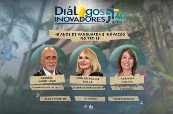 foto dos três dialogadores e dados sobre o evento, com foto do tribunal ao fundo