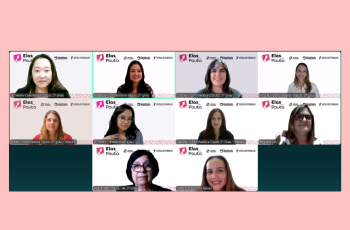 Quadro rosa com print de tela que mostra 10 mulheres em atuação no projeto Elas em Pauta