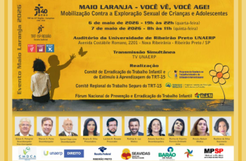 banner em amarelo e laranja com os detalhes do seminário e fotos dos palestrantes