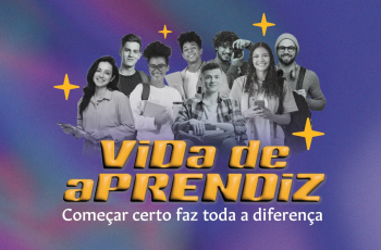 A foto retrata vários jovens exercendo variadas profissões.