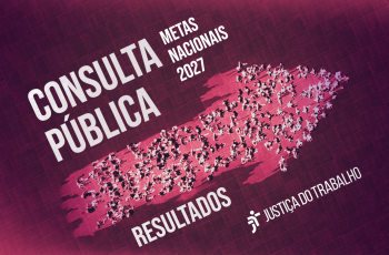 Arte sobre a consulta pública metas nacionais 2027, Resultados. imagem aérea de pessoas formando uma seta ascendente, com fundo vinho e área da seta em tom mais claro
