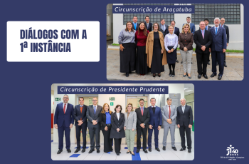quadro azul com fotos de juízes das circunscrições de Araçatuba e Presidente Prudente, com caixa de texto branca e azul e os dizeres Diálogos com a 1ª Instância