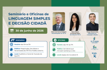Banner explicativo do evento em tons de verde e azul, com fotos dos palestrantes