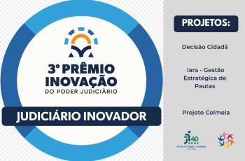 imagem do selo com grafismos e na lateral direita da tela uma tarja cinza com os nomes dos projetos contemplados do TRT-15