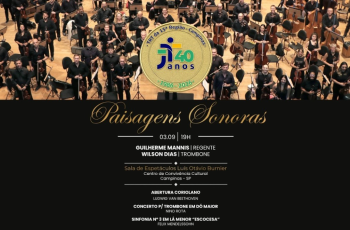 imagem da orquestra, foto da moeda comemorativa dos 40 anos, e uma quadro preto com o programa do concerto em branco e dourado