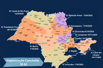 Quadro azul com mapa do Estado de São Paulo e a indicação das Secretarias Conjuntas
